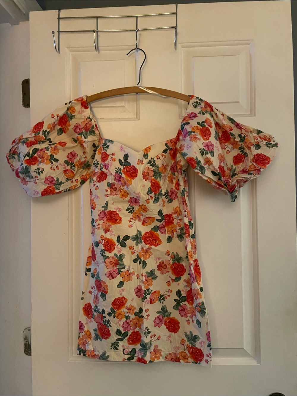 Ara Cream Floral Mini Dress with Red, Pink & Orange Roses
